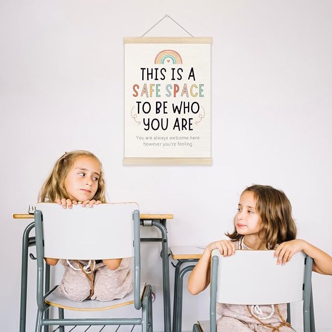 Welshower Boho Rainbow Classroom Safe Space Poster Hanger Frame, Calming Corner Wall Art Prints Decor for Counselor Therapy Office Classroom Calm Down Corner, 12x16 Inch