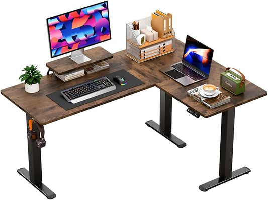 Furmax 63 x 47 Inch L Shaped Standing Desk with 2 Preset Heights, Electric Height Adjustable Computer Desk, Corner Sit Stand Desk for Home Office, 2 Hooks & Feet Balance (Rustic Brown, 63 x 47 Inch)