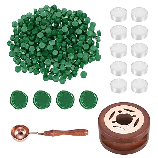 PATIKIL Wax Seal Kit, 300 Pcs Wax Sealing Beads, Wooden Warmer, Melted Spoon, 10 Pcs Tealight Candles for Envelope Letter Mailing Crafts DIY, Pine Green