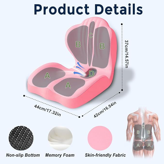 Seat Cushion for Office Chair and Car, L-Shaped Ergonomic Seat Cushions,Memory Foam Orthopedic Cushion with Coccyx Hollow,Lumbar Support & Tailbone Pain Relief for Car, Truck, Home,Gaming Chair,Pink