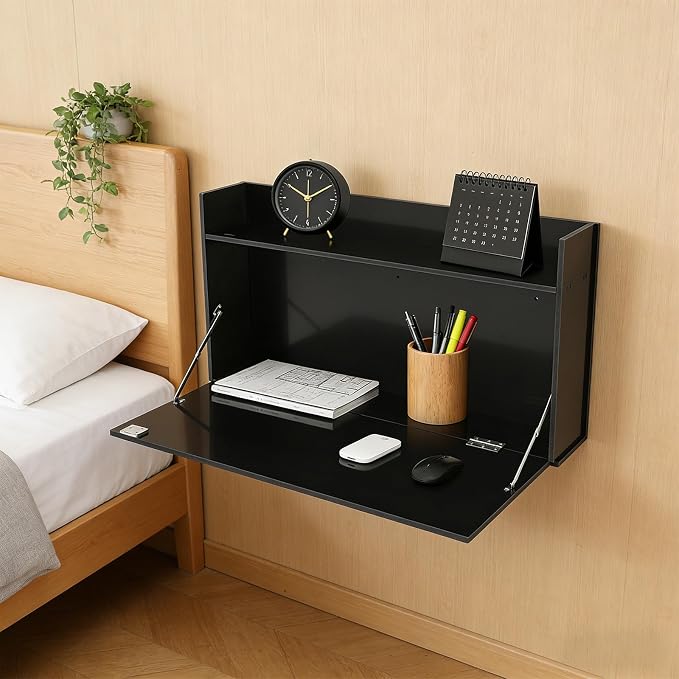Wall-Mounted Foldable Desk Cabinet with Storage Drawers, Space-Saving PVC Organizer for Home Office, Study Room, Bedroom, Small Apartment & Remote Work (Black)