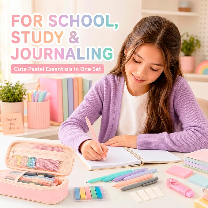 Aesthetic School Supplies with Pencil Pouch - 57 Pcs Cute College Essentials Set, Big Capacity Pen Case, Eraser Holder, Pastel Highlighters, Bible Study Journaling Stationary Kit for Girls Teens
