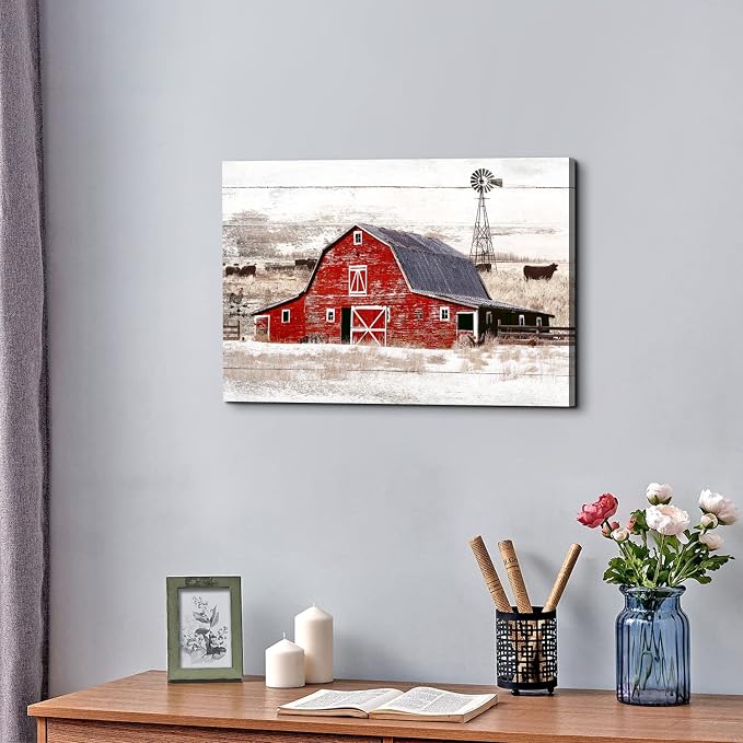 Farmhouse Barn Wall Art Rustic Windmill Wall Decor for Living Room Kitchen, Country Landscape Painting, Vintage Highland Cow Canvas Prints Rustic Old Barn Poster Artwork Cabin Home Decoration 16x24”