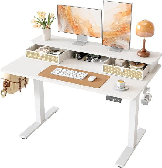 TIQLAB Standing Desk with Two Drawers, Stand Up Standing Desk Adjustable Height, Electric Sit Stand Table with Storage Shelf and Splice Board, 48 * 24 inch, White Wicker