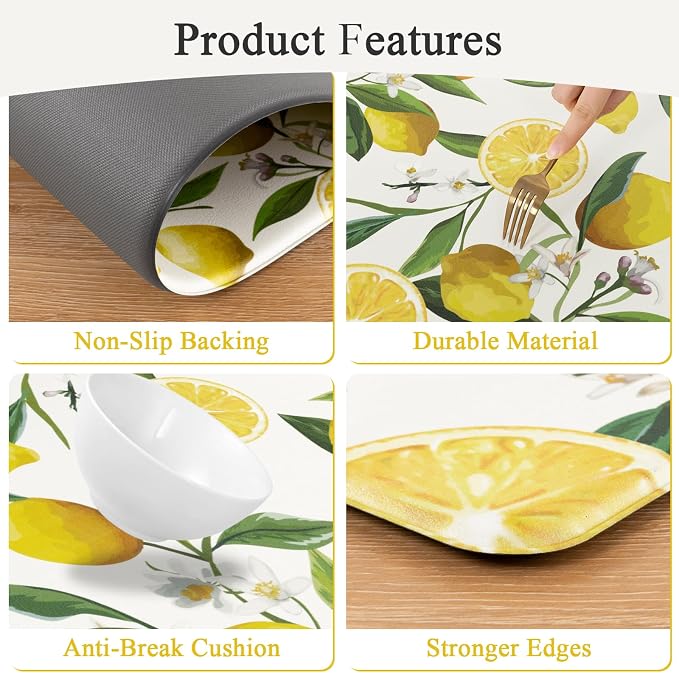SHACOS Anti Fatigue Lemon Kitchen Mats for Floor 2 Pieces Set, Non Slip Cushioned Kitchen Rugs Set Standing Desk Mats and Runner Wipeable Waterproof Floor Mat for Home Office, 17"x27.5"+17"x59", White