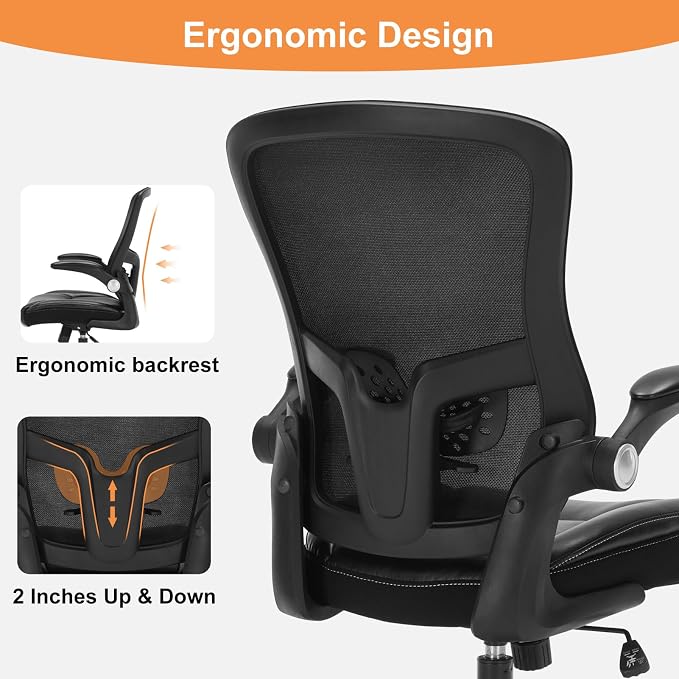 PU Leather Mesh Ergonomic Office Chair with Adjustable Arms Lumbar Support | Adjustable Height High Back Mesh Support with Flip up Armrests, Swivel Task Chairs for Home Office Computer 400BLS