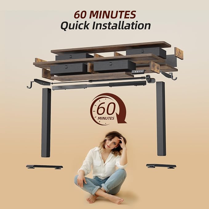 TIQLAB 55 * 28 Inch Standing Desk with Four Drawers, Electric Sit Stand Table, Stand Up Desk Adjustable Height with Storage Shelf, Splice Board, Rustic Brown