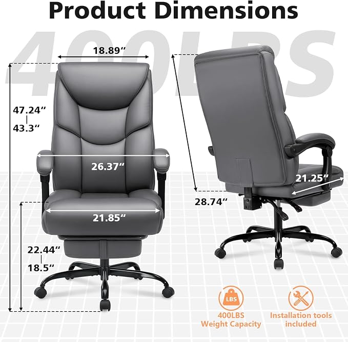 WAILOR 400lbs Office Chair with Foot Rest, Reclining Big and Tall Office Chair with Lumbar Support, High Back PU Leather Computer Chair,Comfy Desk Chair for Home Office (Gray)