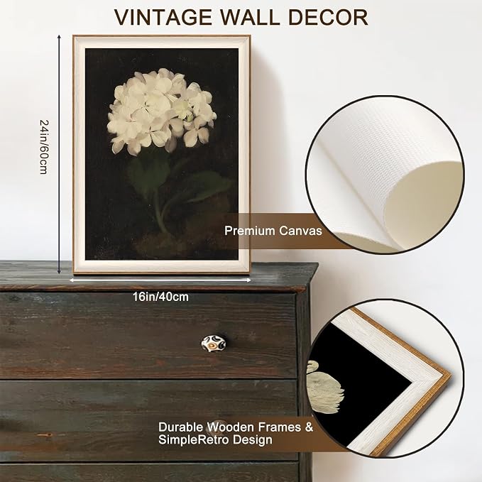 Framed Flower Wall Art, Vintage White Hydrangea Still Life Floral Art Prints, Moody Vintage Canvas Oil Painting, Antique Botanical Floral Wall Decor Pictures for Bedroom, Kitchen, Shelf, Bathroom Wall Decor - 16x24Inch