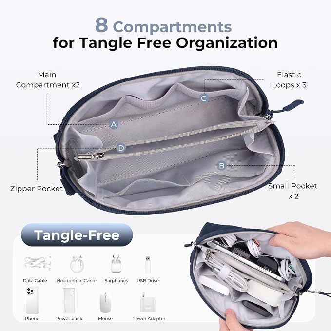 FYY Travel Cable Organizer - 8 Compartments Lightweight Water Resistant Tech Pouch with Wrist Strap, Electronic Accessories Case for Cord Charger Storage for Travel Home Office, Navy (Medium)