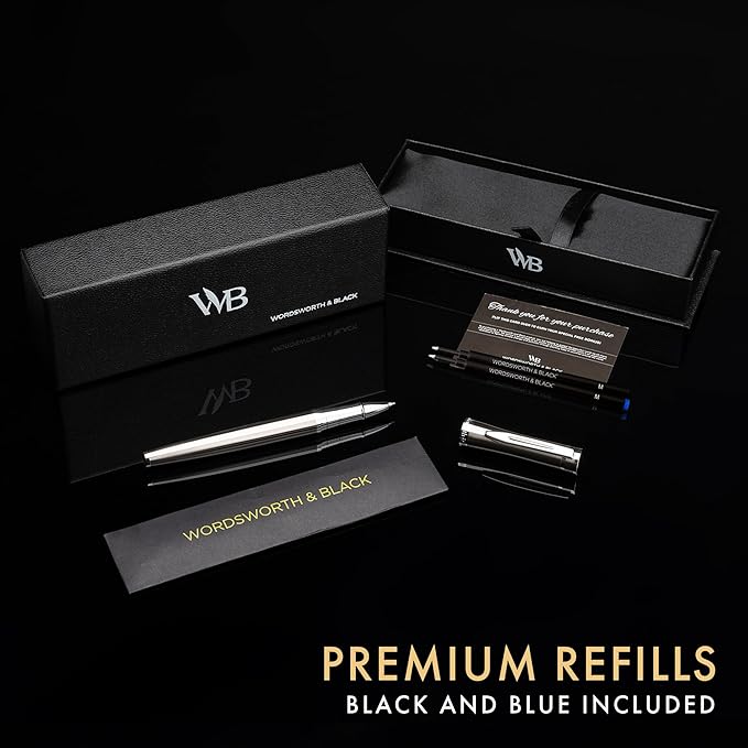 Wordsworth and Black Rollerball Pen - Luxury Pen - Chrome Finish, Silver Lacquer, Ink Refill, Refillable Gift for Men & Women, Professional Writing, Nice and Fancy Pens and for Work