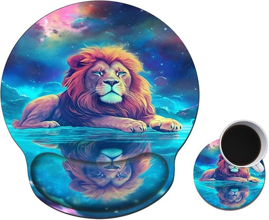Mouse Pad with Wrist Support Gel, Ergonomic Mouse Pad with Comfortable Wrist Rest, Gaming Mousepad Non-Slip PU Base for Laptop Office Easy Typing & Pain Relief,Cool Lion Nebula/Galaxy