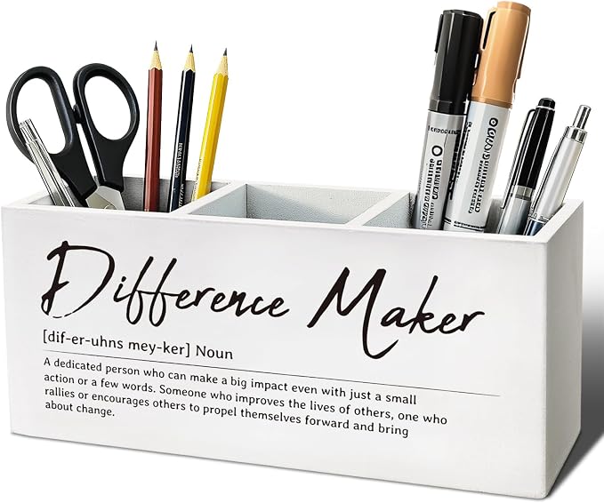 Difference Maker Gift Pen Pencil Utensil Holder | Appreciation Gifts for Coworkers Leaders Teachers, Wood Desk Organizer and Makeup Brush Holder