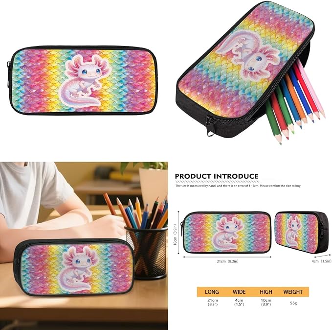 WELLFLYHOM Axolotl Scales Multi Pockets Backpack for School Kids Girls Junior High Middle School 17 Inch Book Bag with Insulated Lunch Bag Cute Pencil Case Water Bottle