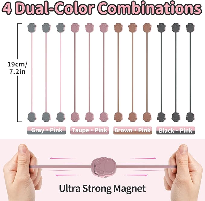 SOOOEC Magnetic Cable Ties 32 Pack, Dual-Color Cat Paw 7.2" Silicone Ties | Strong Magnet Hold / Embedded Safe Magnet / Easy Slide Open / Flex Silicone / Dual-Color Cat Paw / Multi Use / Fridge Magnet