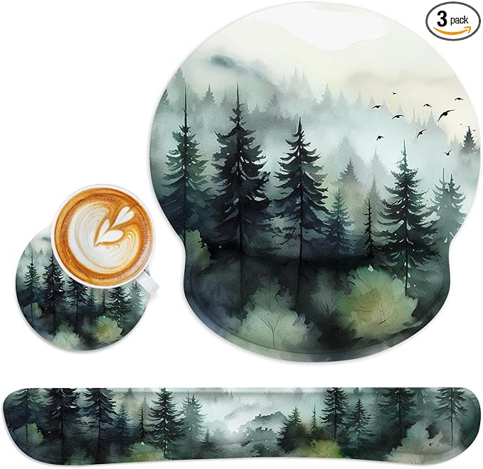 Britimes Green Ink Style Mountain Forest Ergonomic Mouse Pad Set with Wrist Rest Non-Slip Rubber Base Wrist Cushion Support and Coasters Mousepad with Wrist Support for Computer Keyboard and Desk