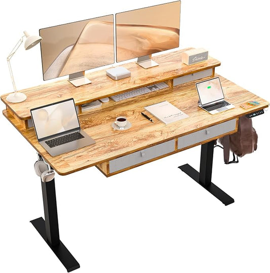55 * 30 Inches Electric Standing Desk Adjustable Height with 4 Drawers, Double Storage Shelves Stand Up Desk, Home Office Workstation Sit Stand Desk (Light Rustic Brown)