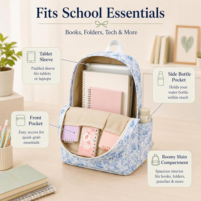 Bluboon Teens Backpack Set Girls School Backpack Lunch Box Pencil Bags Student Bookbags 3 in 1 (Blue Toile Floral 231)