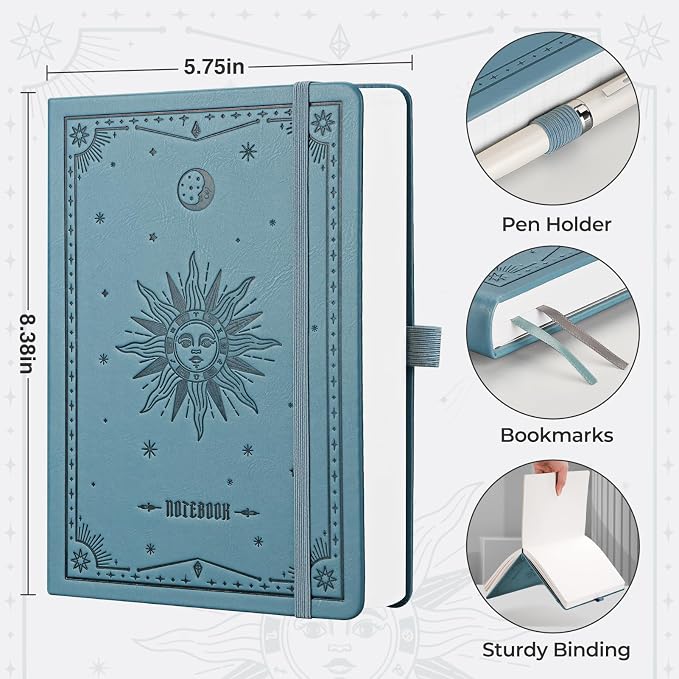 EMSHOI Dotted Journal Notebook, 320 Pages, A5 Small 5.75"x8.38", PU Leather Hardcover, 100 GSM Thick Paper, 5mm Dot Grid Notebook for Journaling, Planning, Drawing, Writing, Light Blue