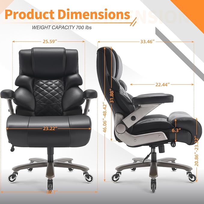 VUZI 700lbs Big and Tall Office Chair, Large Executive Leather Desk Chair | Adjustable Lumbar Support for Back Pain, Plus Size Wheels, 3D Flip Arms, Heavy Duty Metal Base, Wide Seat Computer Chair