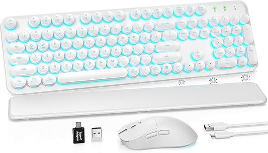 Wireless Keyboard and Mouse Combo, Backlit Round Keycaps, Retro Typewriter Keyboard with Detachable Wrist Rest, Rechargeable & Tilt Legs, 2.4GHz Cordless Connection for Windows/PC (Glowing White)