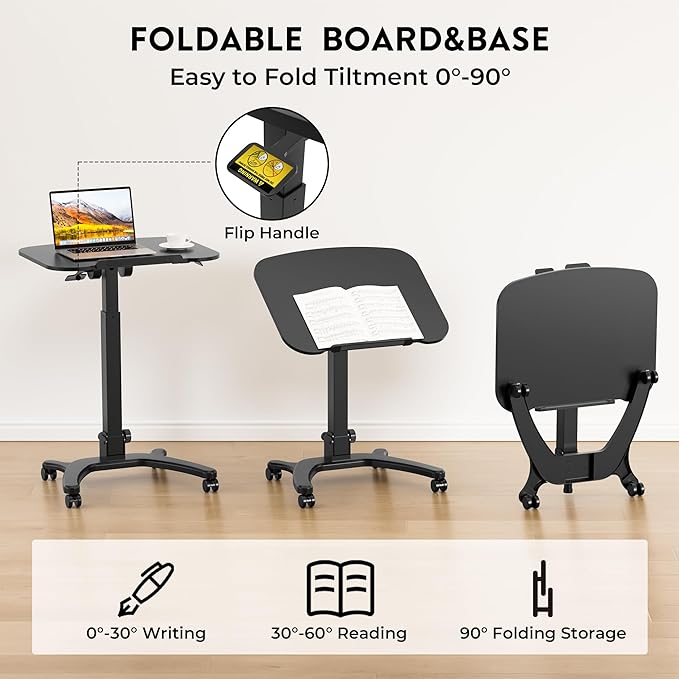 BONTEC Mobile Foldable Standing Desk, Portable Adjustable Height Desk with Gas Spring, Small Rolling Laptop Desk with Wheels for Home, Office, Bedroom, and Medical Use, 25.6" x 19.7" Desktop, Black