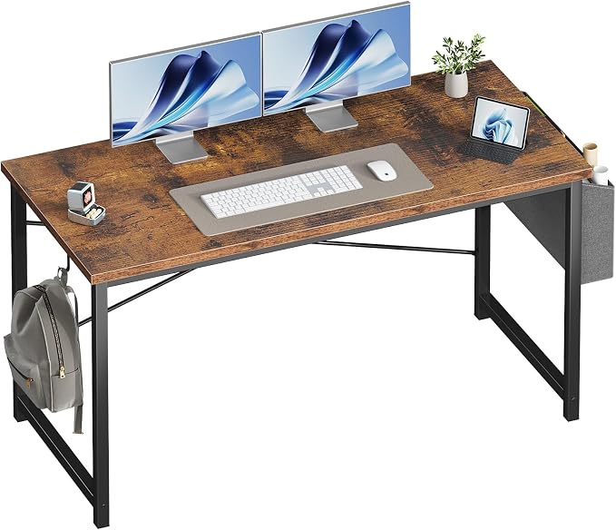 OLIXIS 55 Inch Computer Desk for Home Office, Writing Study Craft Gaming Table, Modern Computer Workstation with Storage Bag and Headphone Hook for Bedroom Small Spaces, Rustic Brown