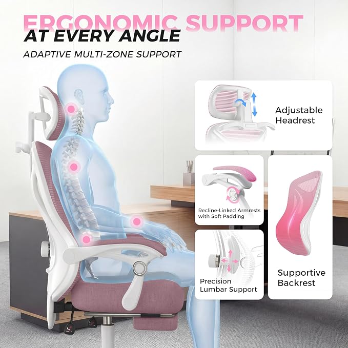 Ergonomic Office Chair with Footrest - Adjustable Lumbar Support & Headrest, 90-160° Reclining Mesh Back Computer Chair - Home Office/Gaming, 350lbs Capacity