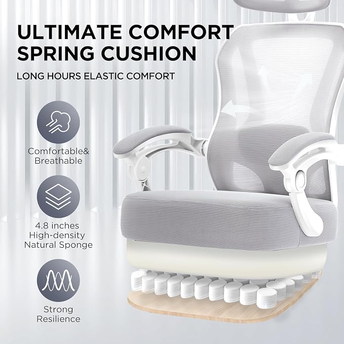 Ergonomic Office Chair with Footrest,Ultra Thick Desk Chair,Grey | 150°Reclining,Mesh High Back,Adjustable 2D Lumbar Support and Headrest,4.8" Spring Cushion,Premium Computer Chair for Adults