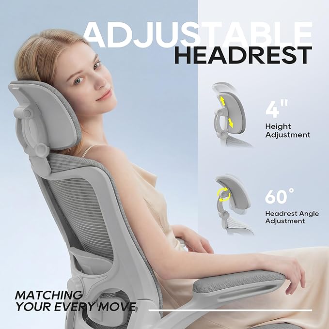 Ergonomic Office Chair, High Back Mesh Desk Chair with Adjustable Lumbar Support & Headrest, Flip-up Armrest, Computer Task Chairs for Home and Executive Office (G-Grey)