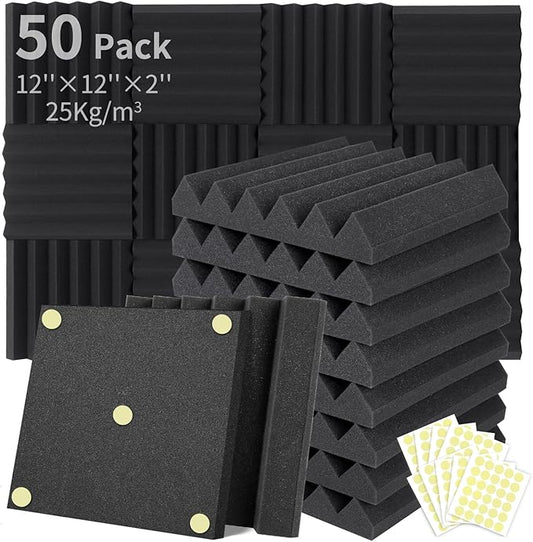 Focusound 50 Packs Acoustic Foam Panels Wedge 2" X 12" X 12", Soundproofing Foam Noise Cancelling Foam with 300 PCS Double-Side adhesive
