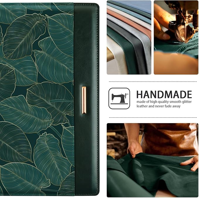 Padfolio/Resume Portfolio Folder for Women Men, WAVEYU Cute Chic Padfolio Cover Folder, Conference/Legal Document Organizer with Letter/A4 Size Clipboard, Document Sleeve, Green Leaves