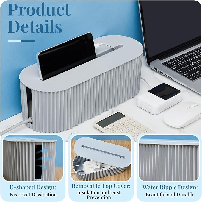 2 Pcs Cable Management Box, Fits Most Power Sockets, 11.8x5.1x4.3 in | Hides Cords & Power Sockets, Bamboo Lid, Beige & Black Options, Includes 48 Accessories, Home Office Desk or Floor Use