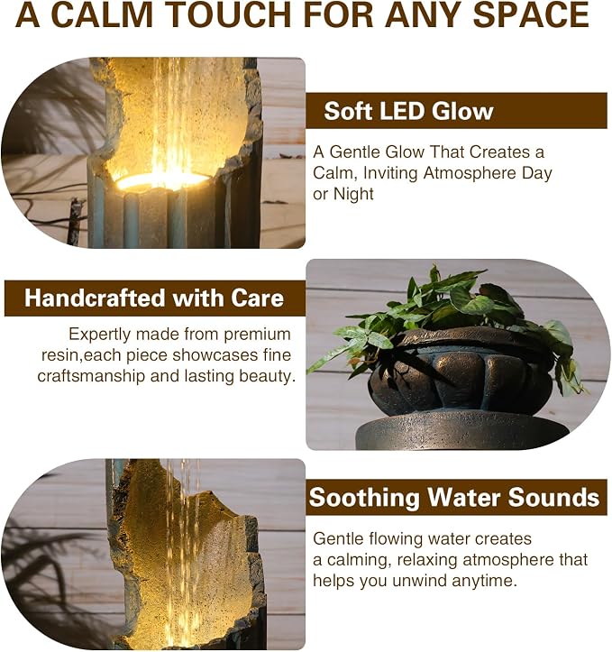 Sunlinua Outdoor Water Fountain with LED Light, Modern Spiral Tiered Outdoor Fountain with Stone Planter Curved Freestanding Waterfall Fountains for Garden Patio Deck Porch Gold