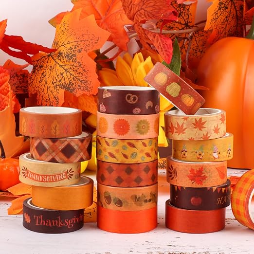 Fall Washi Tape Set 20 Rolls Autumn Washi Tape Autumn Thanksgiving Pumpkin Fall Leaves Decorative Tape for Seasonal Kids DIY Art Crafts Notebook Scrapbooking & Stamping Supplies