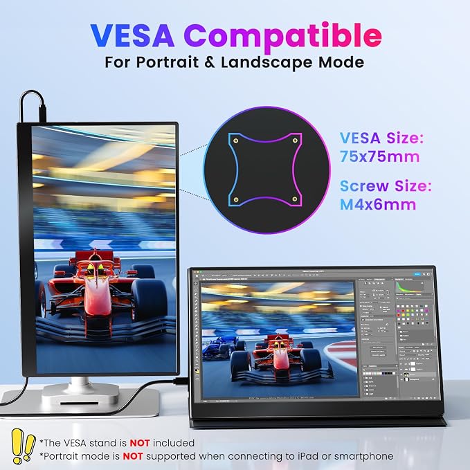 Upperizon Portable Monitor 15.6 inch 4K UHD 3840X2160 144% sRGB 60Hz HDR HDMI USB-C Travel Monitor for Laptop MacBook PC Surface PS5 Xbox, External Display with Full Cover & Speakers, VESA Compatible