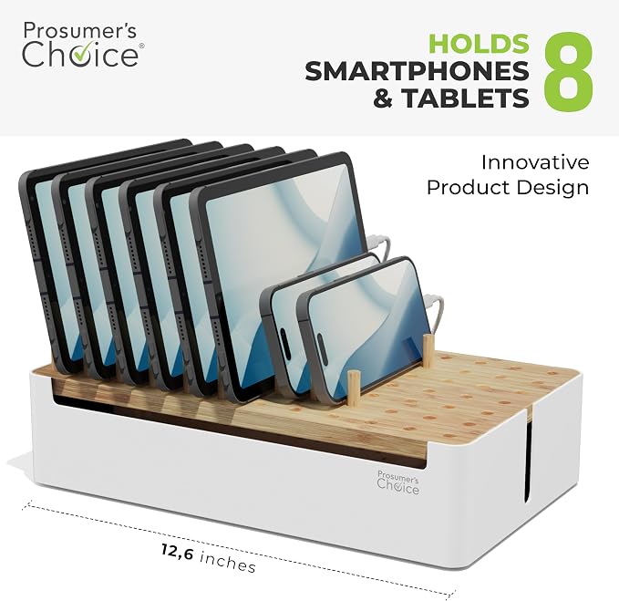 Prosumers Choice Bamboo Charging Station - Multi Charger Station Organizer - Desk Docking Station for Phones, Tablets, Laptop - Wooden Charging Station with Removable Dividers - Cables Not Included