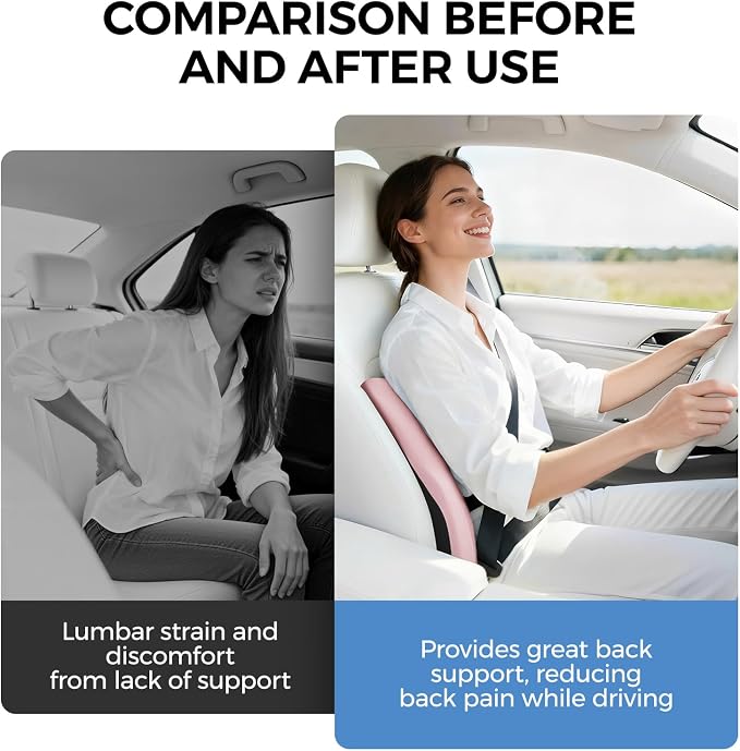 BEBAS Lumbar Support Pillow for Car, Memory Foam Back Cushion for Driving, Ergonomic Lumbar Pillow for Pain Relief, Comfort Lower Back Support for Office Chairs, Car Seat, Wheelchair -Pink