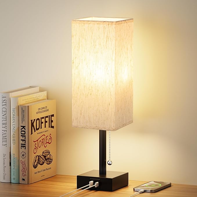 aooshine Pull Chain Small Table Lamp - 3 Color Temperature Bedside Lamp for Bedroom with USB Port, Minimalist Nightstand Lamp with Black Base, Desk Lamp for Kids Room Dorm, Bulb Included