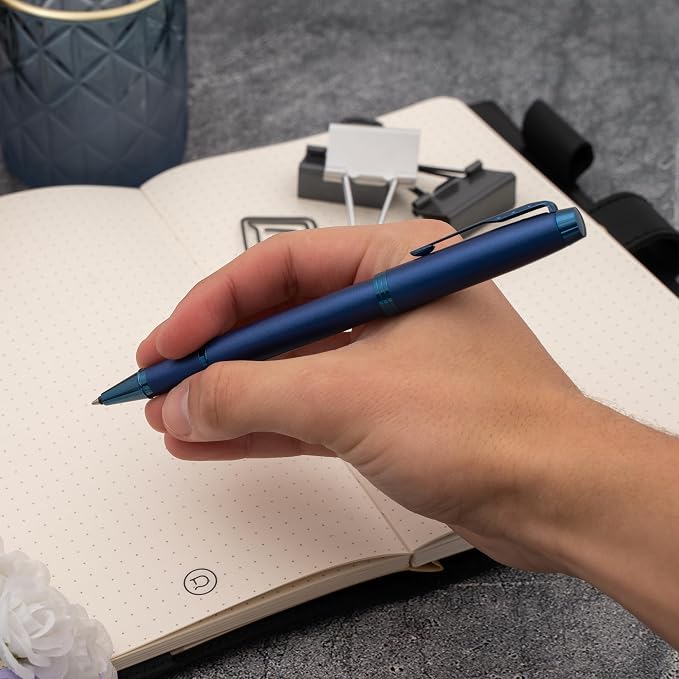 Parker IM Monochrome Blue Engraved Rollerball Pen, All-Metal Blue Trim, Fine Point Black Ink, Arrow Clip, Personalized Gift for Graduation, Writers, Career Advancement, Parker Gift Box