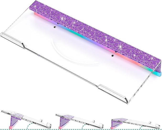 Ergonomic Computer Keyboard Stand - Adjustable Keyboard Riser Tilt Clear and Glitter Purple Acrylic Keyboard Tray Non-Slip Elevated Typing Key Board Holder Lift for Home Office Desk Accessories