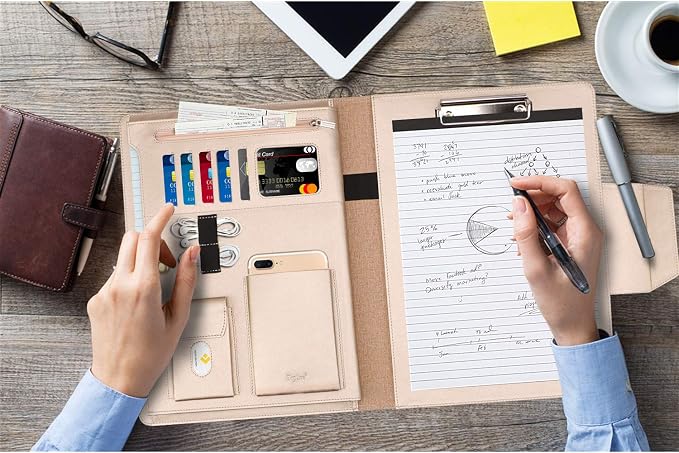 Toplive Padfolio Portfolio Case, Executive Business Padfolio with Document Sleeve, Letter/A4 Size Clipboard, Business Card Holders, Portfolio for Women & Men, Matte Gold