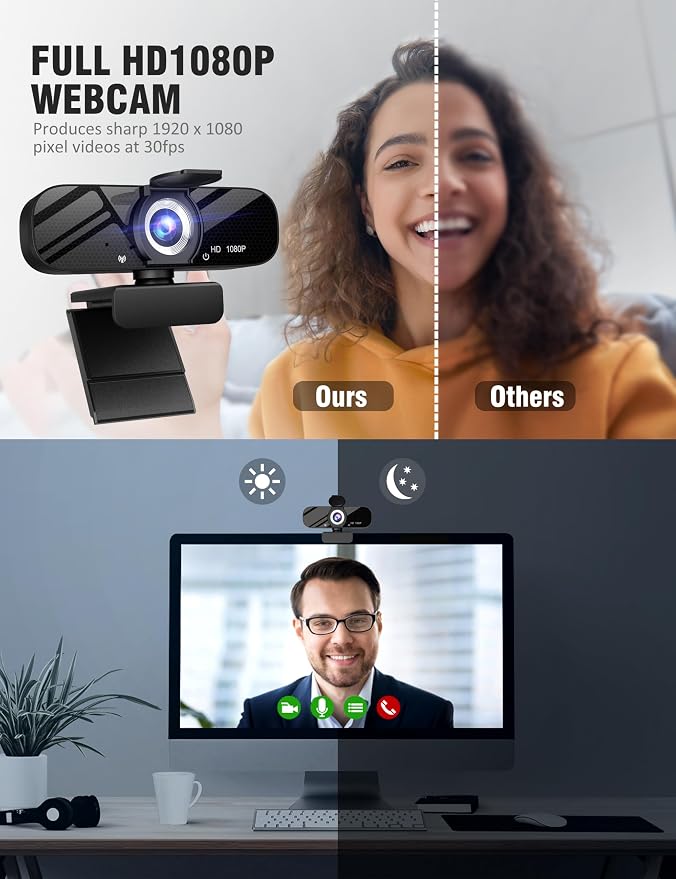 HD 1080P Webcam with Built-in Microphone and Rotatable Tripod, 1080P Video and Wide Angle Camera, Privacy Cover, for Desktop PC or Laptop Computer （Grey）