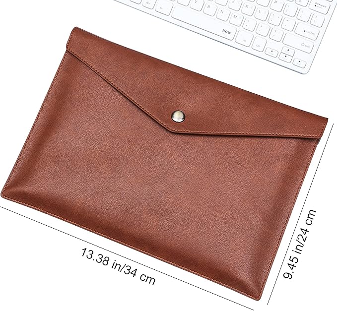 VANRA 1 Piece PU Leather File Folders A4 Document Holder File Envelope Waterproof Portfolio Filing File Organizer for Letter Size with Snap Button Closure, Brown