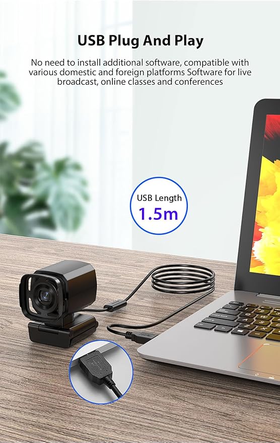 Webcam for PC, AI Auto Tracking, Remote Control, in-line Dual Noise Canceling Microphones, Full HD 1080P Video Calls, 73° Angle View, Privacy Shutter, USB Plug and Play, Low Light Correction