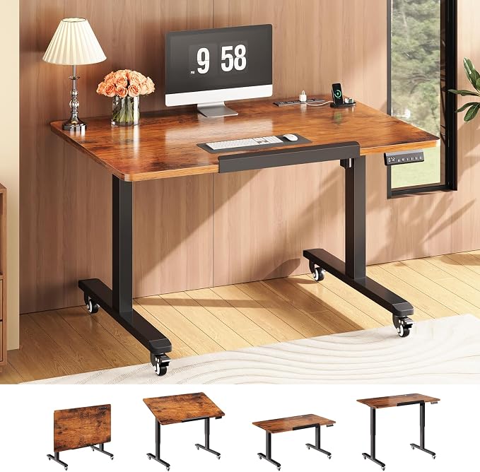 SEDETA 31.5 Inches Electric Standing Desk, 180° Tiltable Mobile Rising | Computer Desk Height Adjustable with Wheels for Drawing/Writing/Gaming/Study/Home Office/Small Space, Rustic Brown