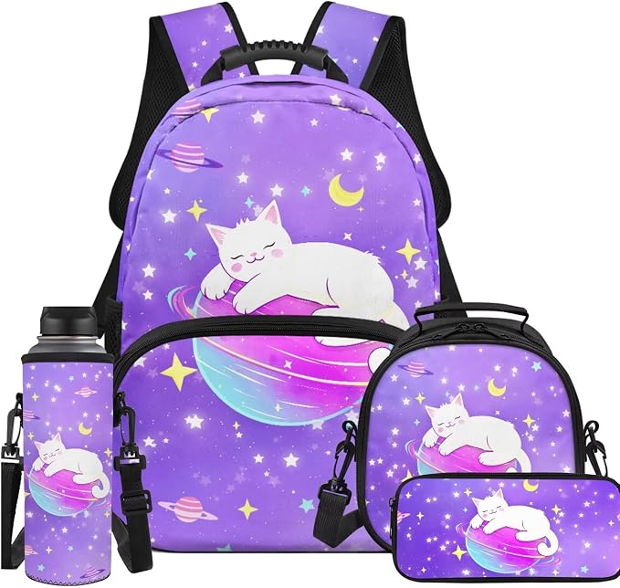 Ystardream Starry Sky Cat Backpack for Girls School Backpack With Lunch Box 17 Inch School Bags for Girls Students 14 inch Laptop Bookbags for Teens 4 in 1 Pencil Case&Water Bottle Sleeve Set