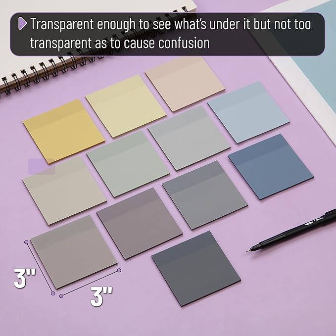 Mr. Pen- Transparent Sticky Notes, 3”x3”, Neutral Tones, 12 Pads, 600 Sheets, Bible Journaling Sticky Notes, See Through Sticky Notes, Translucent Sticky Notes