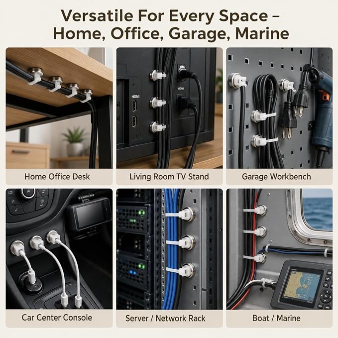 Magnetic Cable Zip Tie Mounts Kit, 50 Pcs Holders with 200 Pcs Cable Ties, Heavy-Duty Magnetic Wire Management for Desk, Office, Home, Automotive, Marine, Multipurpose Cable Clips Organizers, Silver