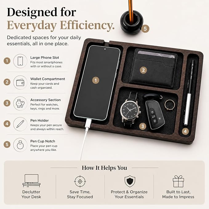 Desk Organizer Tray for Men with Ceramic Pen Holder, Wooden Valet Tray, Minimalist EDC Desk Organizer for Phone, Wallet, & Keys, Nightstand Bedside, Entryway, Birthday Gift for Him